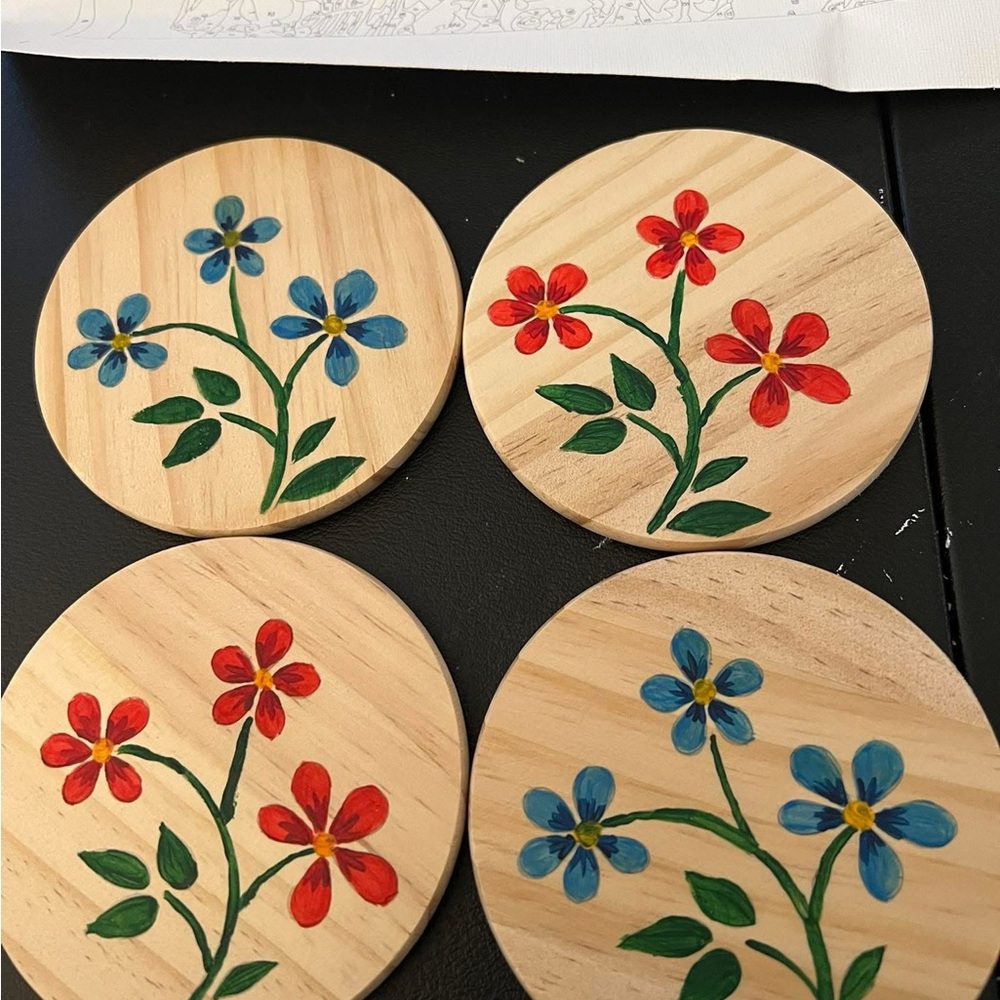 Hand-Painted Floral Wooden Coasters
